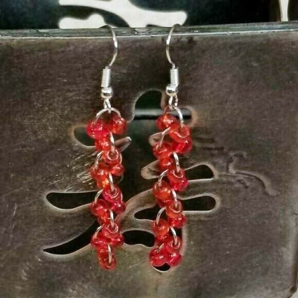 Handcrafted Glass Bead Cascade Drops Dangle Earrings Red and Silver - Picture 1 of 1